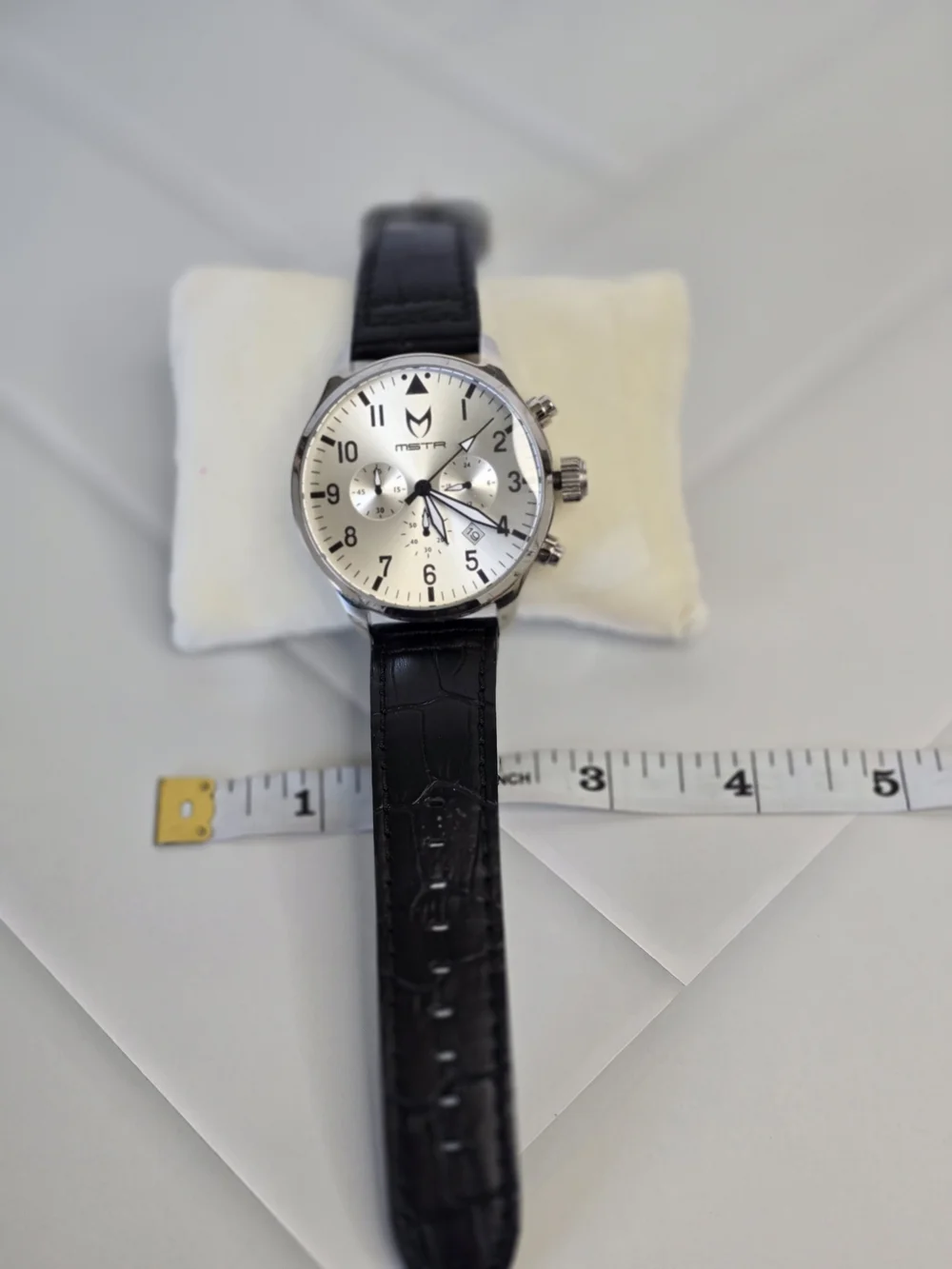 MSTR Silver Chronograph Aviator Watch with Black Leather Strap